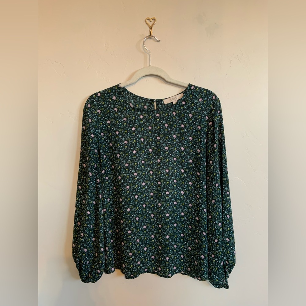 LOFT Ditsy Bloom Draped Sleeve Top Keyhole Button Office Core Floral Dark Green - Picture 4 of 8